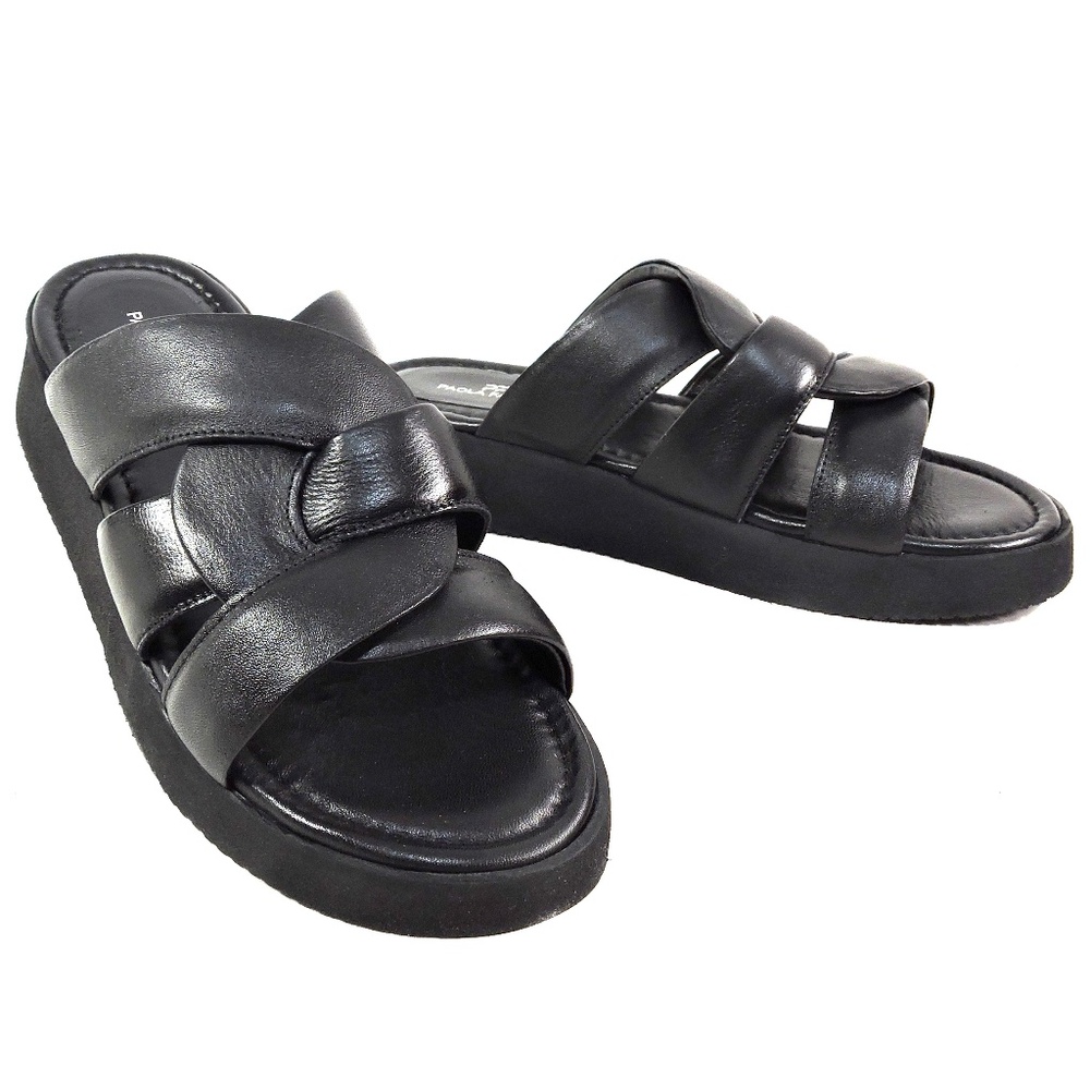 PAOLA FABIANI 🇮🇹 WOMEN'S BLACK LEATHER COMFORT FLAT PLATFORM MULES